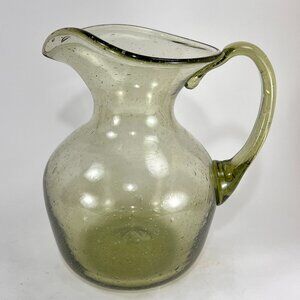 Jamestown Glasshouse VA Hand Blown Green Glass Pitcher Heart Spout USA 40oz